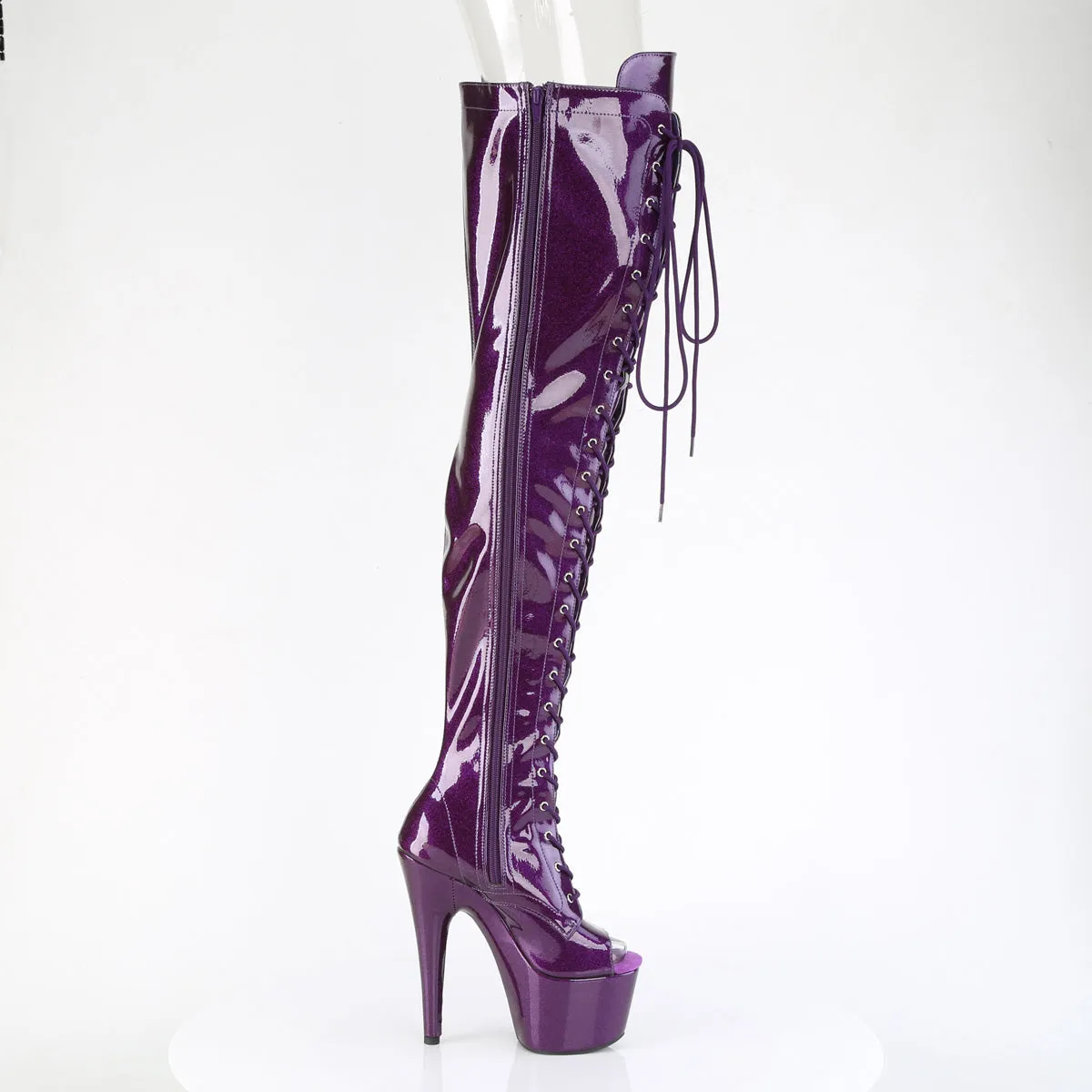ADORE-3021GP Pleaser Purple Glitter Patent Peep Toe Lace Up Thigh High Boots
