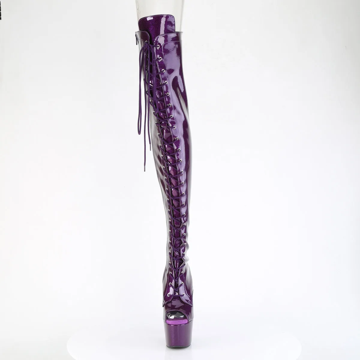 ADORE-3021GP Pleaser Purple Glitter Patent Peep Toe Lace Up Thigh High Boots