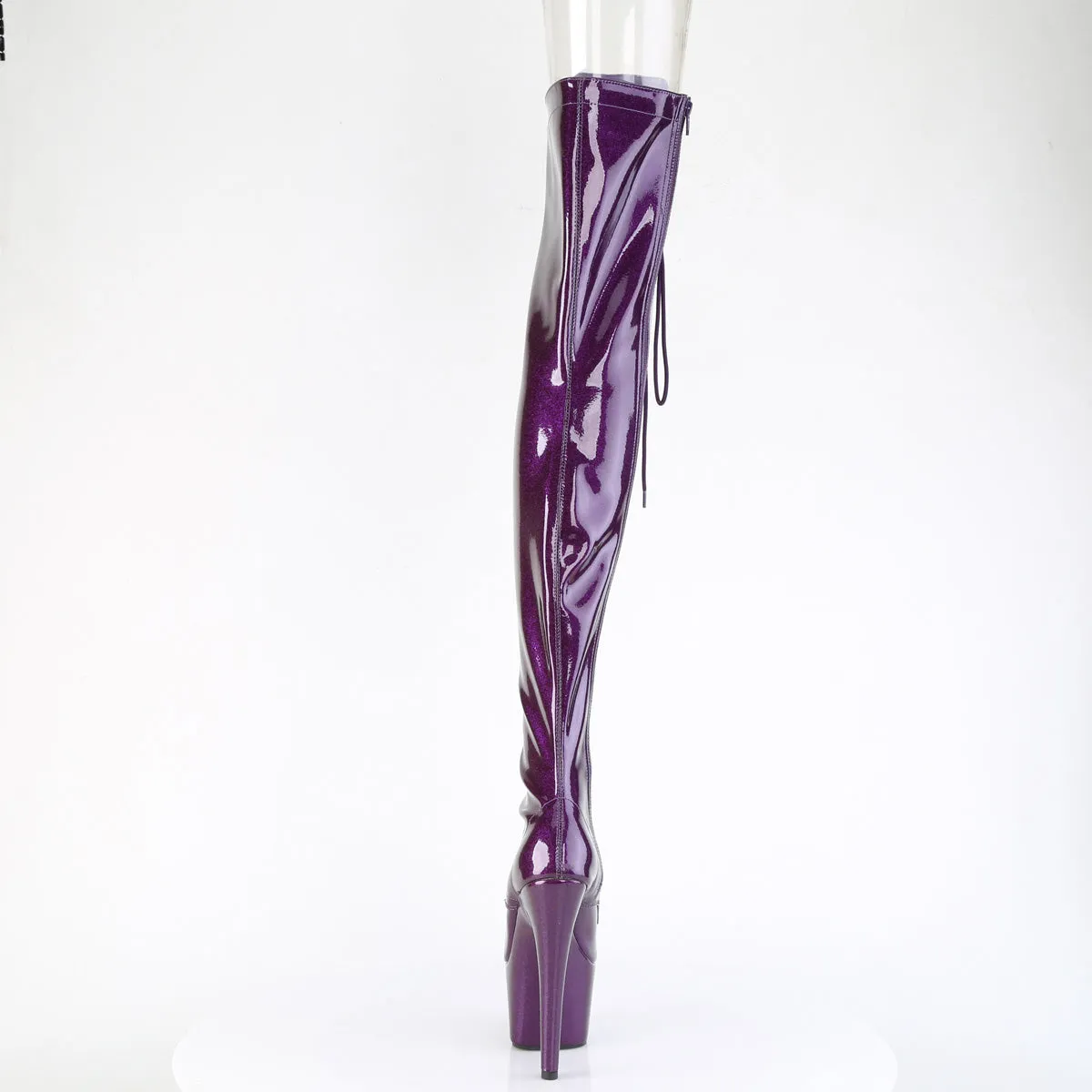 ADORE-3021GP Pleaser Purple Glitter Patent Peep Toe Lace Up Thigh High Boots