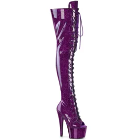 ADORE-3021GP Pleaser Purple Glitter Patent Peep Toe Lace Up Thigh High Boots