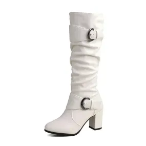 Elegant Classic Knee High Belt Buckle Zipper Boots
