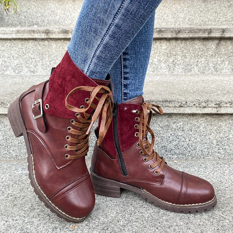 Genuine Leather Low Heel Lace-up Buckle Cowboy Boots