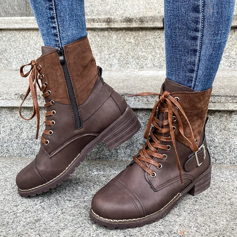 Genuine Leather Low Heel Lace-up Buckle Cowboy Boots