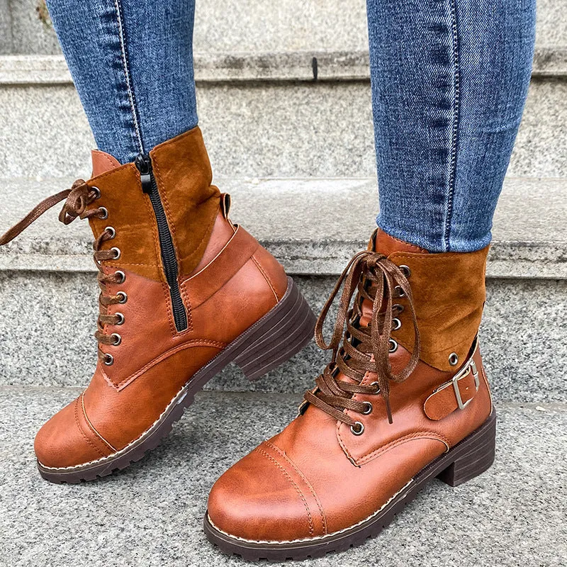 Genuine Leather Low Heel Lace-up Buckle Cowboy Boots