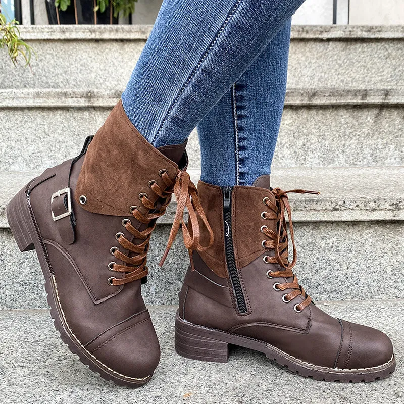 Genuine Leather Low Heel Lace-up Buckle Cowboy Boots