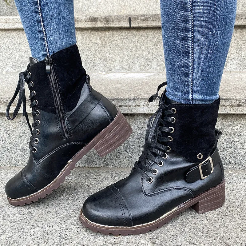 Genuine Leather Low Heel Lace-up Buckle Cowboy Boots