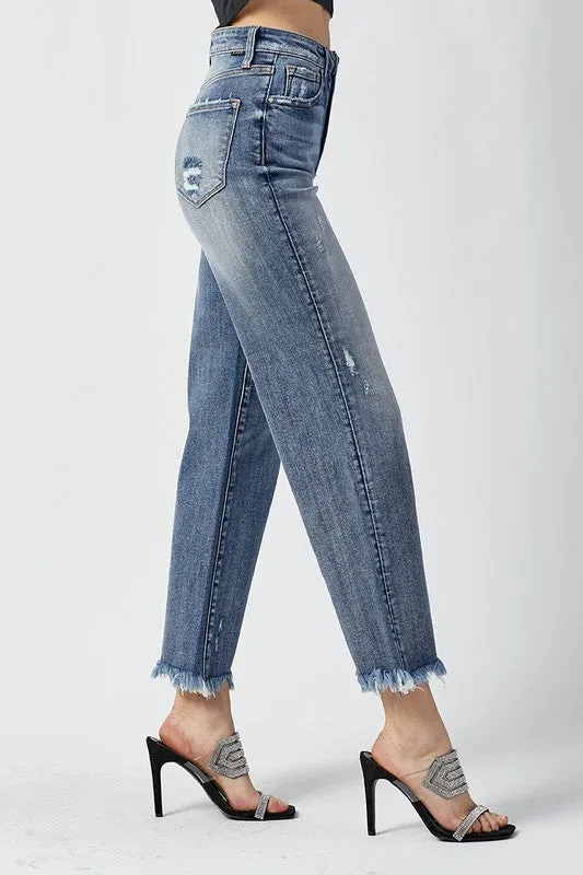 High-Rise Straight Raw Hem Jean