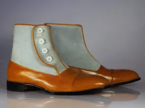 New Designer Men's Handmade Tan & Gray Cap Toe Ankle High Boots, Men Leather & Suede Button Boots