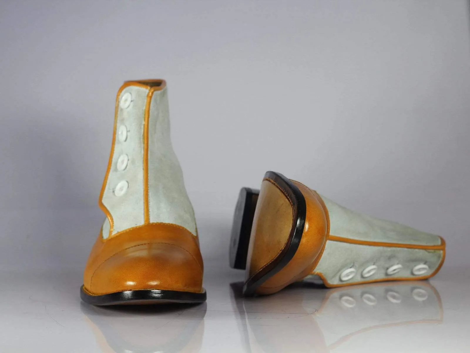 New Designer Men's Handmade Tan & Gray Cap Toe Ankle High Boots, Men Leather & Suede Button Boots
