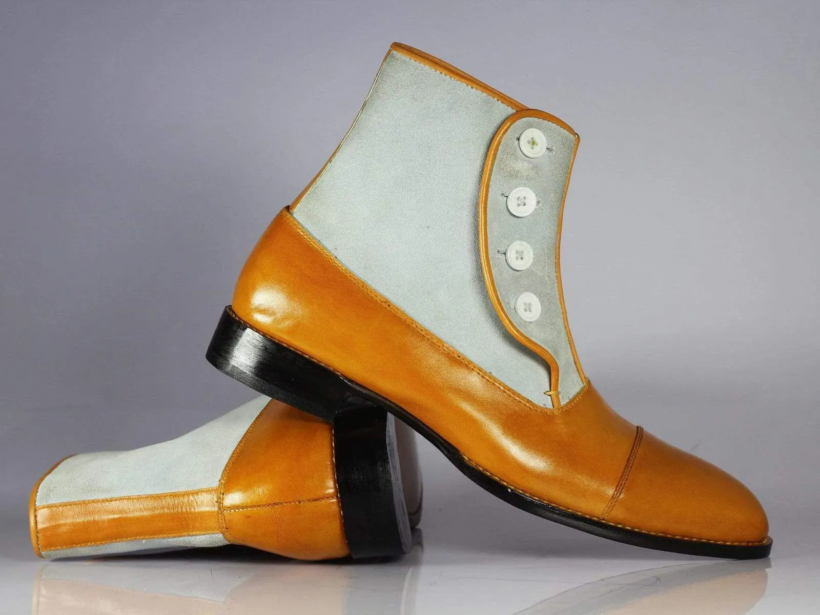 New Designer Men's Handmade Tan & Gray Cap Toe Ankle High Boots, Men Leather & Suede Button Boots