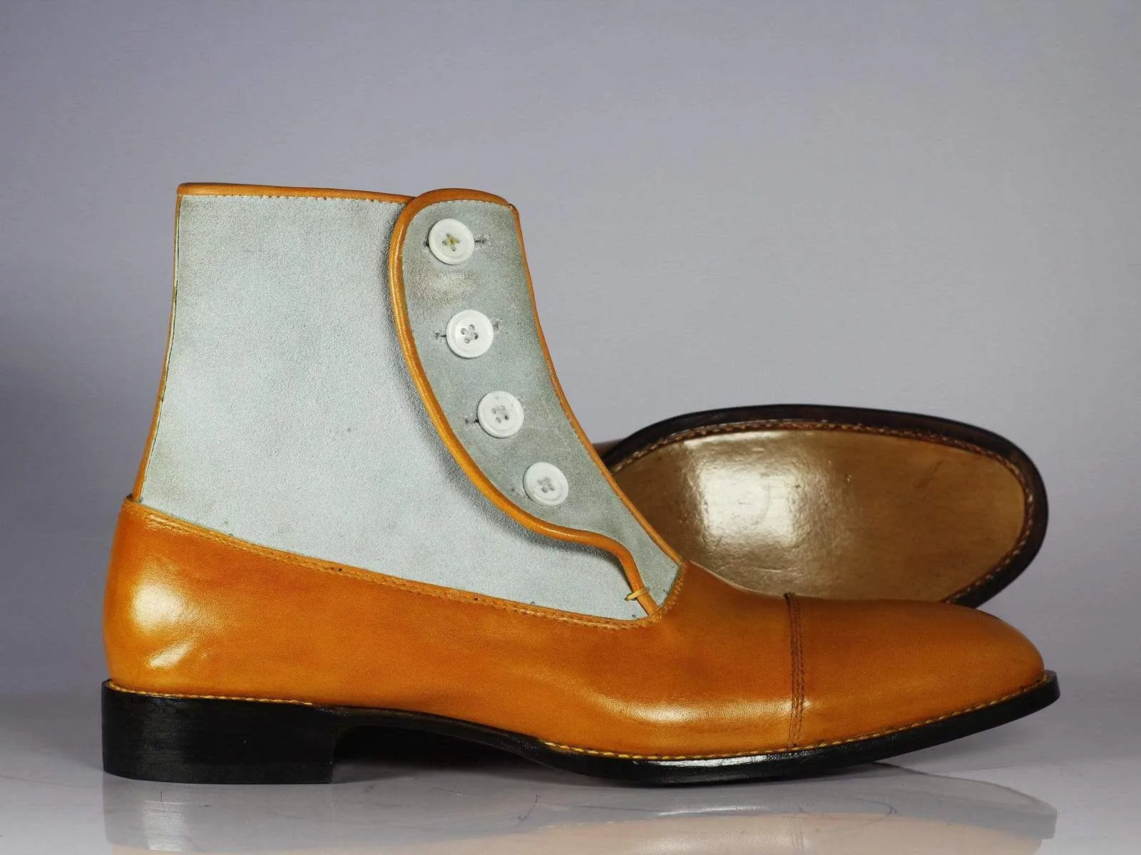 New Designer Men's Handmade Tan & Gray Cap Toe Ankle High Boots, Men Leather & Suede Button Boots