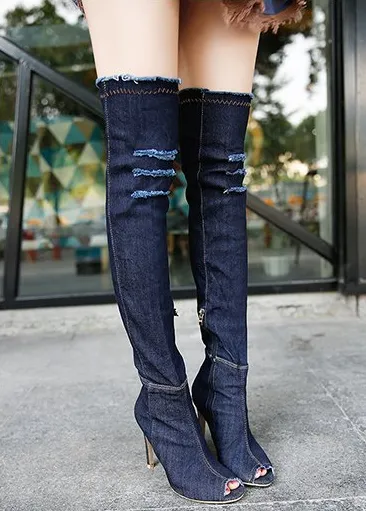 Open Toe Knee High Denim Boots