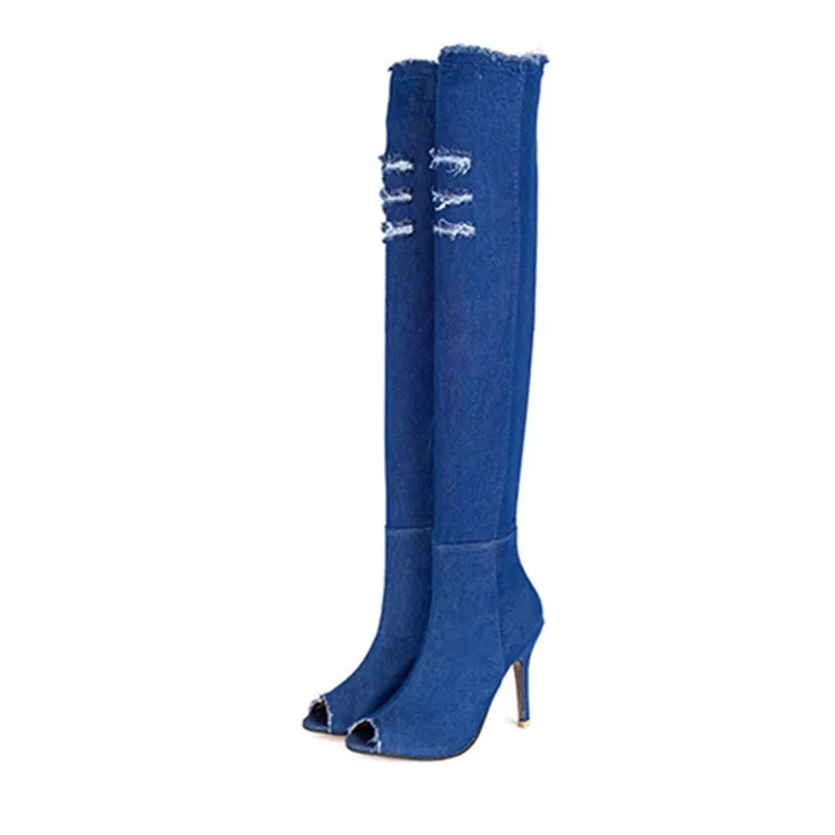 Open Toe Knee High Denim Boots