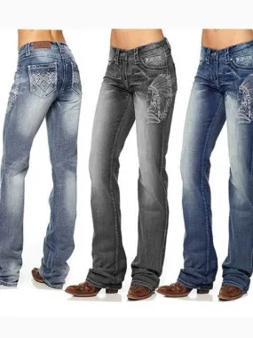 Retro Indian Embroidery Washed Jeans Trousers Jeans