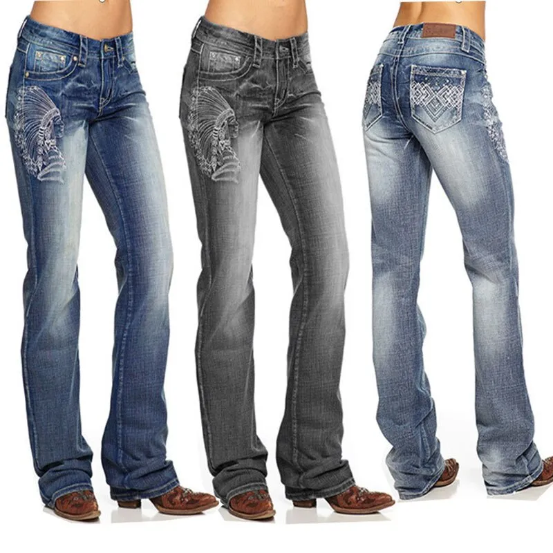 Retro Indian Embroidery Washed Jeans Trousers Jeans