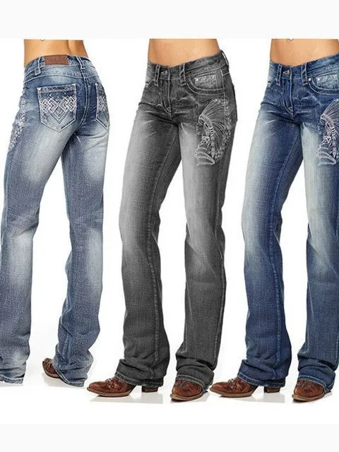 Retro Indian Embroidery Washed Jeans Trousers Jeans