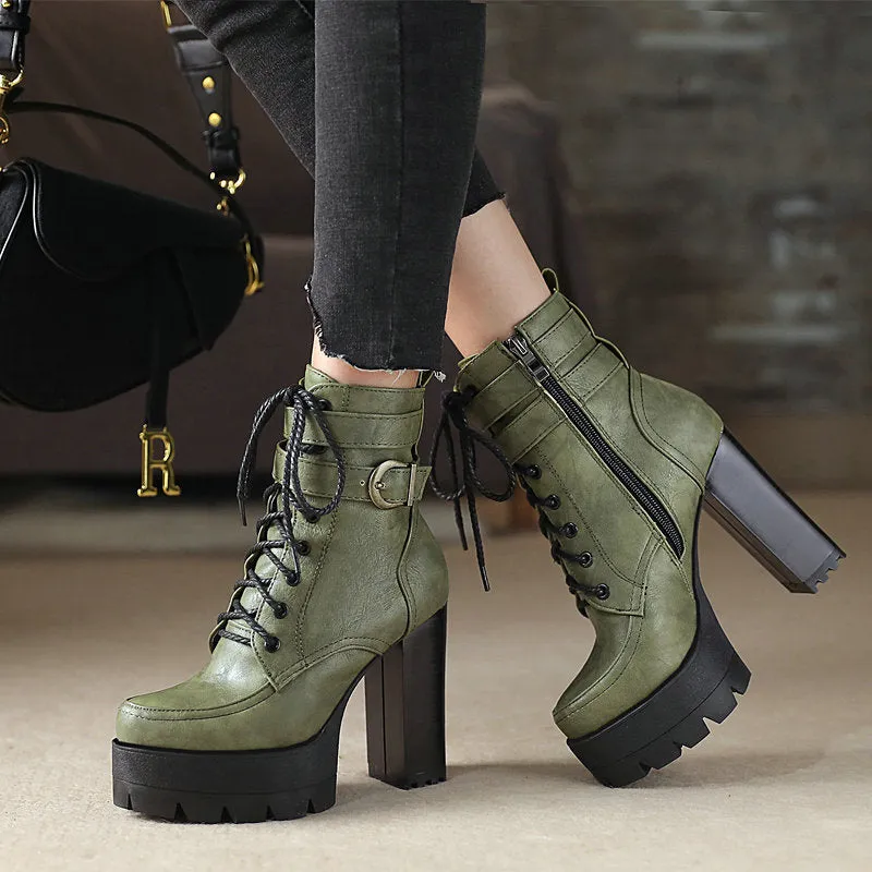 Russian Thick Platform High Heel Motorcycle Boots