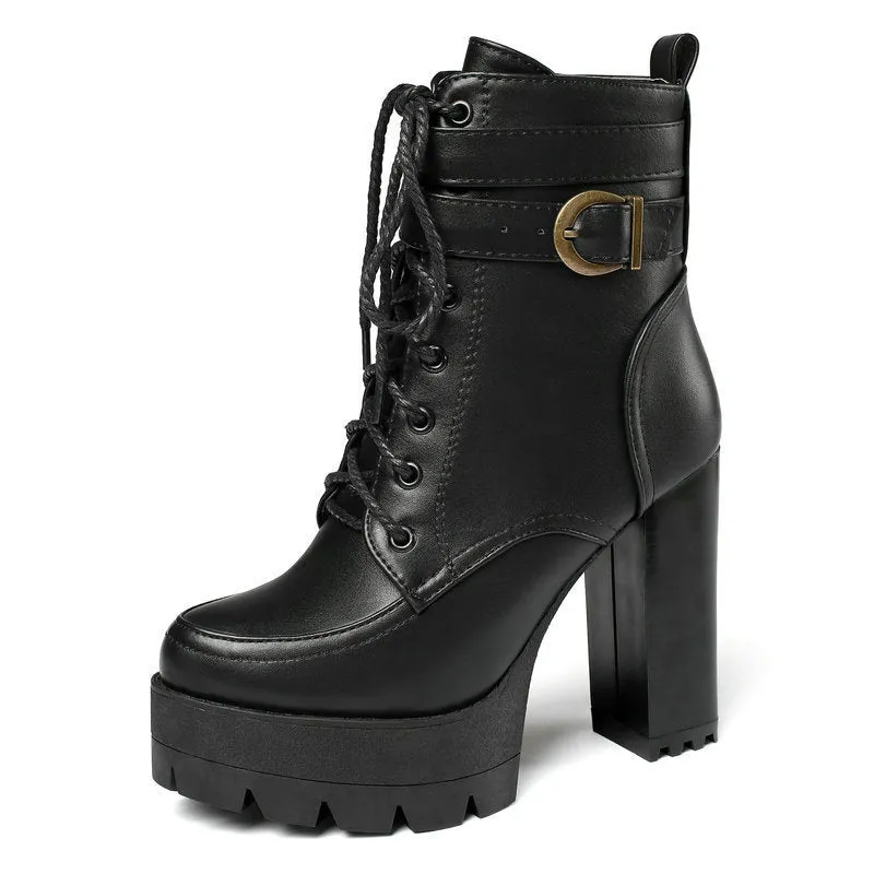Russian Thick Platform High Heel Motorcycle Boots
