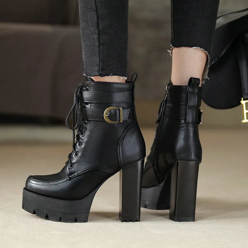 Russian Thick Platform High Heel Motorcycle Boots
