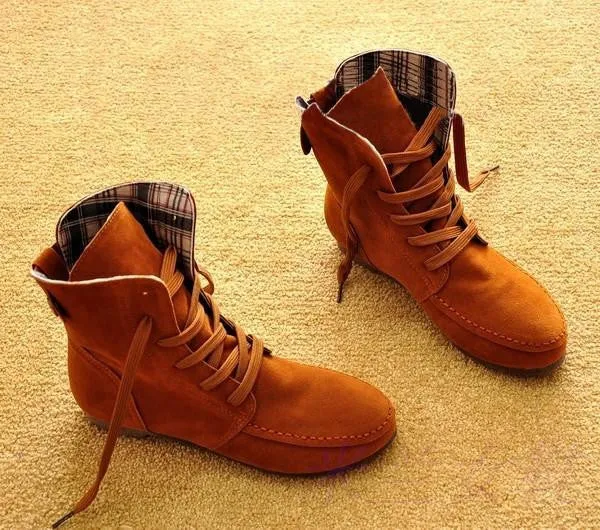 Winter Solid Color Lace Up Flat Short Boots with Cotton