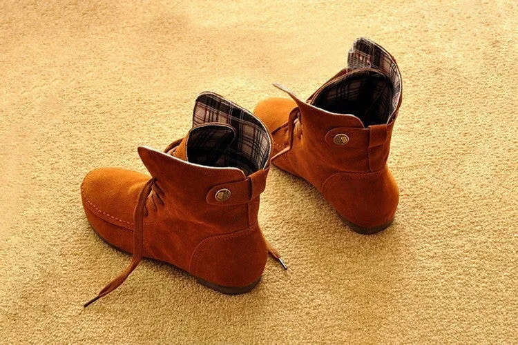 Winter Solid Color Lace Up Flat Short Boots with Cotton