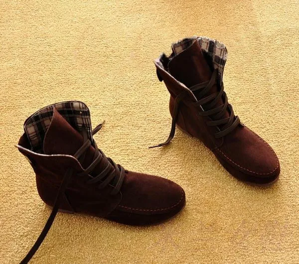 Winter Solid Color Lace Up Flat Short Boots with Cotton