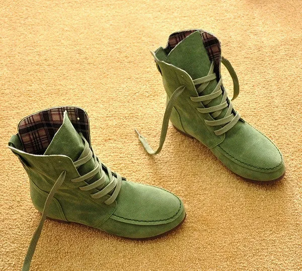 Winter Solid Color Lace Up Flat Short Boots with Cotton