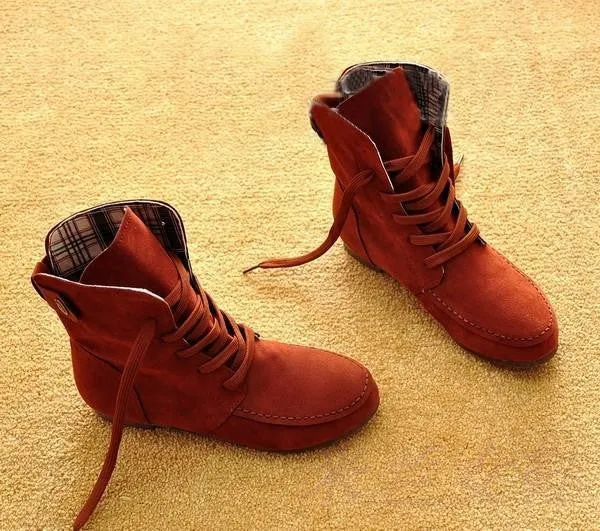 Winter Solid Color Lace Up Flat Short Boots with Cotton