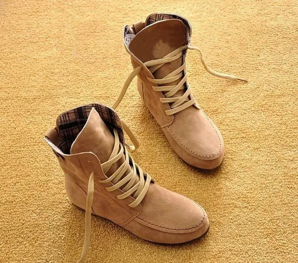 Winter Solid Color Lace Up Flat Short Boots with Cotton