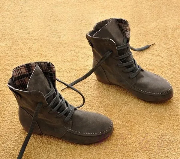 Winter Solid Color Lace Up Flat Short Boots with Cotton